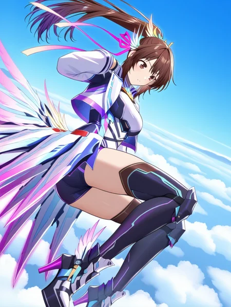 perfect quality,best quality,absolutely eye-catching,ambient occlusion,raytracing BREAK
1girl,<lora:sinnkyuu IL v1.1:1>,sinnkyuu,brown eyes,brown hair,ponytail,hair ornament,long sleeves,open coat,edge skirt,thighhighs,high heels,sky,flying,wind,purple edge,short shorts,