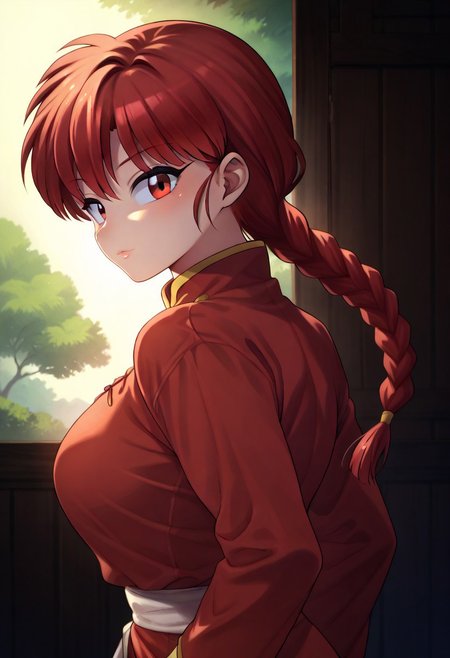 (zPDXL3), 
(zPDXLxxx), 
1girl, 
solo, 
ranma saotome, braid, red hair, single braid, braided ponytail, red eyes, medium breasts, 
pants, chinese clothes, tangzhuang, 
bust up,
side view, 
looking at viewer,