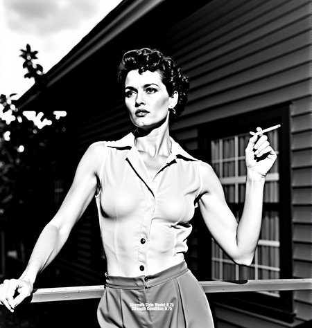 A high-contrast black and white photograph, inspired by Helmut Newton and Peter Lindbergh. A glamorous woman with short, curly hair, wearing a partially unbuttoned sheer button-down shirt tucked into high-waisted trousers. She leans against a railing, cigarette in hand, against a backdrop of cloudy skies, architectural details, and foliage. Shot from a slightly low angle with strong chiaroscuro lighting, creating deep shadows and a dramatic mood. Sharp focus on the foreground with a shallow depth of field. Evoke a timeless, sophisticated aesthetic, reminiscent of classic Hollywood glamour meets raw, unfiltered emotion. Limited grayscale palette, emphasizing texture and form, with a touch of Anton Corbijn's starkness and mood.<lora:_Flux\_Photographer\Helmut_Newton-000001.safetensors:0.8000000000000002:0.8000000000000002>