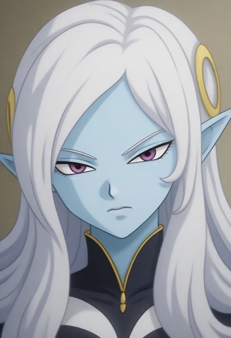 Masterpiece, Top Quality, source_anime, anime screencap, source_anime, auratheguillotine, anime screencap, masterpiece, source_anime, shiny skin,,,,towa(dragon ball), pointy ears, colored skin, blue skin, long hair, purple eyes,white hair, hair ornament, jewelry,