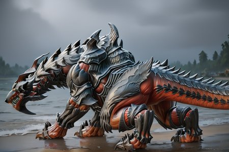 source_furry, score_9, score_8_up, score_7_up, (cerberus_xv, monster, feral), orange skin, detailed skin, armored, (((((three heads))))), yellow eyes, glowing eyes, detailed eyes, sharp teeth, claws, tail, <lora:FF_CerberusPony10:0.9>, outdoors, beach, from behind, from side, all fours, look at ocean, cloudy, rainy, stormy, lightning in background, zPDXL2, zPDXLpg, zPDXLrl, shaded, best quality, highly detailed, extreme detail, photorealistic
