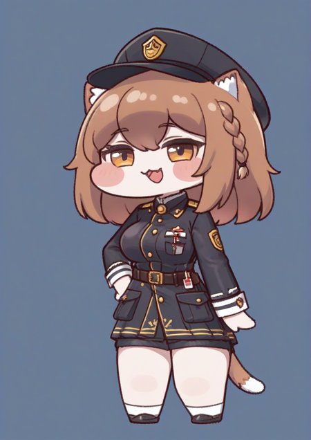 1girl,blue background, braid, breasts, brown eyes, brown hair, calico, cat, large breasts, looking at viewer, military, military uniform, open mouth, shiny skin, short hair, smile, uniform,chibi,zPDXL3, <lora:Trickcal_REVIVE:1>