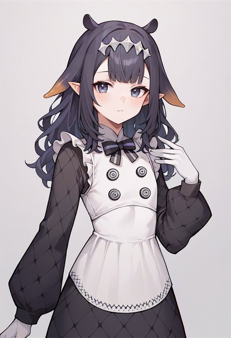 score_9,score_8_up,score_7_up,score_6_up,score_5_up,score_4_up,
1girl, ninomae ina'nis, virtual youtuber, long hair, curly hair, sidelocks, hair flaps, flat chest, pointy ears, black short dress, long sleeves, white frilly apron, white gloves, grey headpiece,
solo, cowboy shot, simple background, grey background, closed mouth, looking at viewer, standing,
<lora:inaponyxl9:1>
