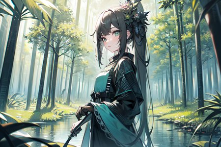 highly insanely detailed, masterpiece, top quality, best quality, highres, 4k, 8k, RAW photo, (very aesthetic, beautiful and aesthetic),  
(code_style,codestyle),(sympattern,geometric pattern), 
<lora:CodeStyle (half generic class)_564920:0>, 
(1girl:1.3), 1other, 
mangrove forest biome,âââ