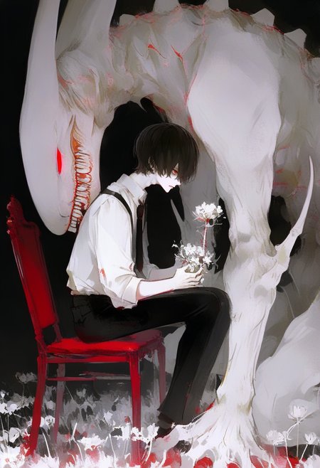 sitting, black pants, shirt, pants, teeth, white shirt, chair, 1boy, short hair, blood, red eyes, sharp teeth, black necktie, monster, male focus, flower, glowing, necktie, black hair, dark background, collared shirt, black background, from side <lora:748cmXL_NBVP1_lokr_V6311P:0.95>