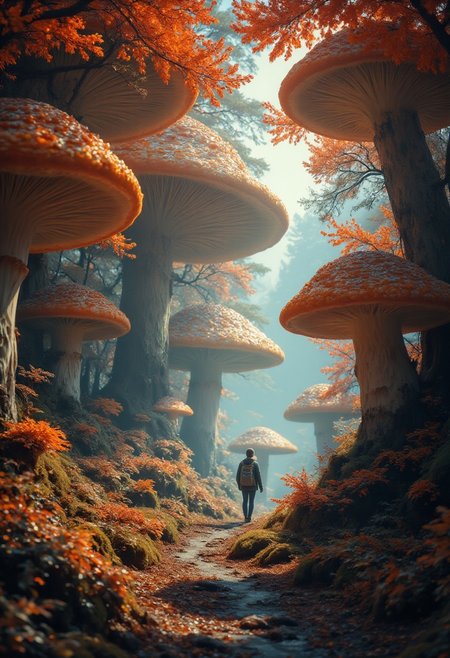 A fantasy landscape featuring an enchanted forest filled with massive, oversized mushrooms with realistic textures and glowing edges. The forest floor is covered in vibrant autumn foliage and soft green moss. Sunlight filters through a gentle mist, casting warm golden beams across the scene. A lone adventurer, a small human figure with a backpack, walks down a narrow forest path, emphasizing the scale of the gigantic mushrooms. The atmosphere is whimsical, magical, and dreamlike, with a surreal balance of realism and fantasy elements. Soft focus in the background enhances the depth and otherworldly feel