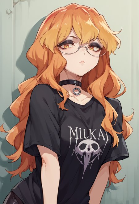 score_9, score_8_up, source_anime, 1girl, solo, SumikaChibana, long hair, glasses, black shirt, t-shirt, black choker, goth, eyeliner, eyeshadow, <lora:ChamSumikaChibanaPonyXL:1>