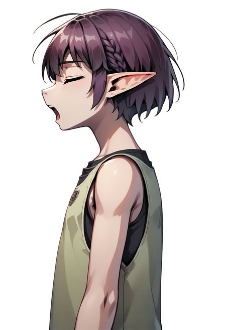 Lapanya, 1 person, solo, pointy ears, ((snout nose)):1.2, flat chest, small nostrils, short stature, skinny arms, ((closed eyes, singing, open mouth, arms overhead, dancing:1.2)), fair skin, ((dark lilac hair)), short hair, tomboy haircut, small nostrils, 3 fingers 1 thumb ((Sleeveless green vest, fitted black undershirt, black pantaloons, fully clothed)), dynamic view, side view
((Organic cavern background)):1.2, caveruinsPOV,  
clean lines, up close, upper body focus, highly detailed face, detailed background, high quality, best quality,  score: 9, score: 8 up, rating: safe