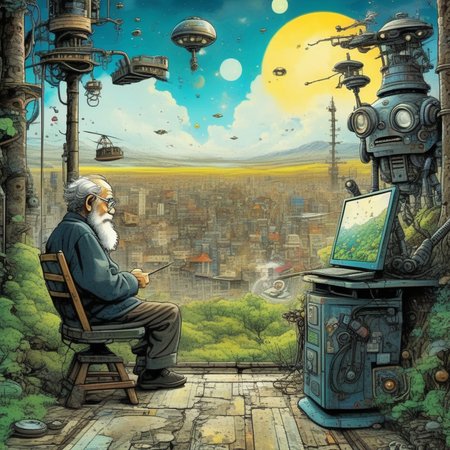 drawix9 an old man is painting a picture and a robot is watching him, ink, cinematic, expressive, very detailed<lora:drawix9:1>