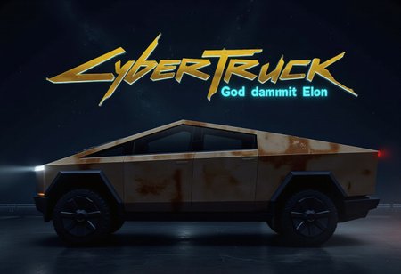 Cyberpunk typeface golden text "Cyber Truck" with cyan afterglow, cyan subtitle text "God dammit Elon" with cyan afterglow, cybertruck coated in rust, A dark night sky in the background