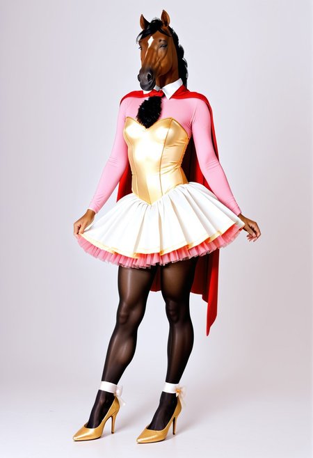 Furry, equine, daddy, tall, effeminate, sissy, discrete bulge, crinoline, ballet, gold, tutu, crossdresser, transvestite, pantyhose, petticoats, graceful, sensual, pretty, delicate, cute, brown, pleated skirt, leotard, long-sleeve bodysuit, satin cape, knee-high flat-heeled riding boots, full body, no background, smiling, traditional, HD, hyper realistic, Ue5