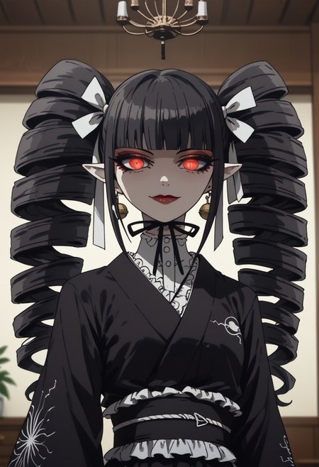 zPDXL3, score_9_up, score_8_up, score_7_up, (Anime_source), 1girl, standing, looking at viewer, Celestia, drill hair, long hair, twin drills, red eyes, black hair, twintails, frills, earrings, jewelry, bangs, lipstick, buttom eyes, eyeshadow, closed mouth, seductive smile, lusty face, Kimono, black Kimono, flowery dress, slit pupils, white pale skin, small black demon horns, pointy ears, glowing eyes, sinozick style, flat color, dark theme, background, interior, bedroom