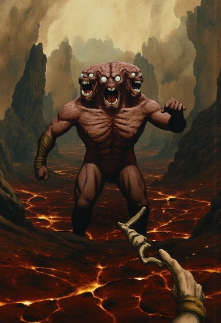 b3rs3rk macro lens d4concept pov, 3D01S, simple background d4artstyle atmospheric and powerful MikeFranchinastyle dark fantasy, natural organic and first person pov of a berserk style creature in the Tsutomu Nihei style
Nightmarish two-headed beast rising from molten ground, dark fantasy horror. Each head has three milky, pupilless eyes arranged vertically, with gaping maws full of needle-like teeth, locked in a perpetual scream. Its skin is a mix of reddish-brown scales and brain-like folds, with deep brow ridges and sunken cheeks that give it an ancient, primordial look.
The beast has a muscular humanoid torso, hunched and powerful, with thick arms and oversized hands ending in sharp claws. Its lower body is submerged in fiery, cracked earth, suggesting a more monstrous form beneath. The creature wields a long staff or spear with a curved, scythe-like blade, adorned with primitive wrappings.
The environment is shrouded in swirling smoke and molten rock, with lava casting a hellish glow. Cracks in the ground pulse with golden light, hinting at intense heat. The art style combines realism with dark fantasy, focusing on intricate details of the creature's skin and features. Warm browns, reds, and oranges dominate, while the lighting emphasizes the horror of the scene.
UHD letterboxed game trailer frame chromatic aberration dark atmosphere sharp masterpiece with a focus on the character, elden ring, dark atmosphere