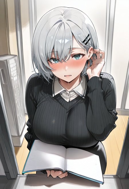 1girl alternate_hair_length alternate_hairstyle black_sweater blue_eyes blush breasts collared_shirt dress_shirt grey_hair hair_ornament hairclip holding holding_notebook indoors large_breasts long_sleeves looking_at_viewer notebook open_mouth shirt short_hair sweater tucking_hair white_shirt
, <lora:orushibuIL:1>, masterpiece, best quality, amazing quality