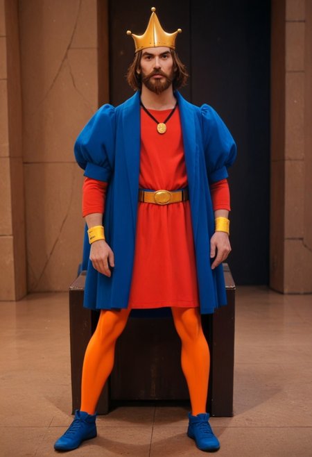 score_9, score_8_up, human, beard, KingRandor, gold crown, blue coat, puffy sleeves, red tunic, medallion, gold belt, wristbands, orange leggings, blue shoes, solo, 1boy, throne room background, photorealistic