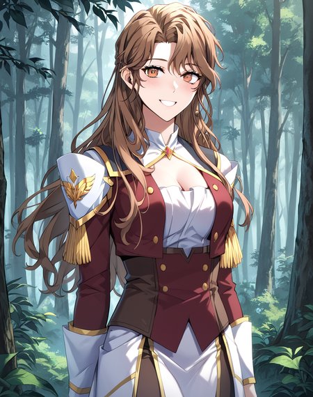 arin_seo, brown hair, long hair, brown eyes,adventure clothes, clothing cutout BREA Koutdoors, forest BREAK  cowboy shot, smile, blush, looking at viewer, BREAK score_9, score_8_up, score_7_up, source_anime ,zPDXL,<lora:Arin_Seo:0.8>, manhwa, solo