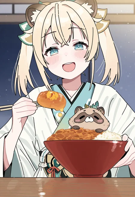 masterpiece,best quality,amazing quality,
kazama iroha, 1girl, virtual youtuber, animal ears, blonde hair, japanese clothes, smile, bowl, looking at viewer, blue eyes, kimono, solo, twintails, open mouth, bangs, tanuki, food, :d, upper body, holding, hair ornament, raccoon ears, medium hair, blush, animal ear fluff,
<lo<lora:Imamura_Ryou:1>