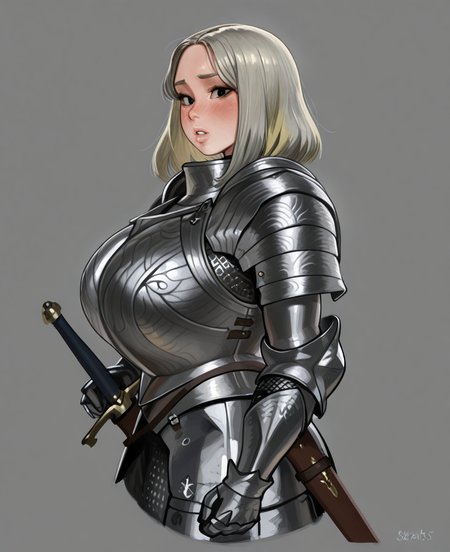 <lora:skrats:1> skrats,
(masterpiece), (best quality), (ultra-detailed), amazing quality, very aesthetic, illustration, perfect composition, intricate details, absurdres, incredibly absurdres, shiny skin, realistic,
 skrats, 1girl, weapon, armor, solo, sword, breasts,  weapon, knight,  sword, , huge breasts, grey background, cropped legs, shoulder armor, plate armor, gauntlets, breastplate, looking at viewer, medium hair, simple background, short hair, pauldrons, sheath, black eyes, blonde hair, faulds, parted lips, from side, grey hair, boobplate, blush, full armor, chainmail, sheathed, sensitive