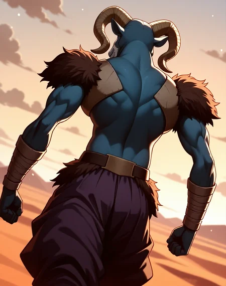 <lora:Moro_2nd_Form_(Dragonball_Z)_(Illustrious)_(AD):1.5> Moro, muscular, goat,
dutch angle, exterior, desert, sky with detailed clouds,
male focus, gradient coloring, solo, cowboy shot, bent leg, perfect proportions, goat head, blue body, soft shading, evil smirk, old, wrinkles, white beard, back view, butt, brown fur pauldrons, brown fur waist, , 
BREAK very awe, aesthetically pleasing, masterpiece, best quality, amazing quality, very aesthetic, perfect depth of field shot, in'ei, furry_art, source_furry, source_anime,
EZRealPONYXL, zPDXL, Smooth Quality, lazympos, IllustQualXL_Pos,