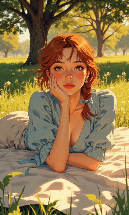 A masterfully rendered, hyper-detailed portrait of a single woman lying gracefully on a picnic blanket beneath the dappled light of a sunlit grove. The scene is bathed in warm, golden-hour tones, with flickering shadows cast by gently swaying leaves overhead. She rests her head on folded arms, eyes closed, with a faint, serene smile playing on her lipsâutterly at peace in the tranquil setting. 
Her auburn hair flows in a loose, messy braid with delicate strands escaping to frame her face, catching the sunlight like spun copper. She wears a soft blue blouse with romantic puff sleeves, paired with a flowing wrap skirt that dances lightly in the breeze. Blue ribbons delicately tie around her ankles, adding a whimsical touch to her ensemble. Small earrings glint subtly under the leaf-filtered sunlight. 
The wind softly lifts the hem of her skirt, suggesting movement and life within the stillness. The background features blurred pastel-toned grass and gentle foliage, enhancing the dreamlike, serene atmosphere. High contrast and incredibly sharp details bring every texture to lifeâfrom the weave of the blanket to the softness of her skin and fabric. 
This image is an aesthetic marvel, blending surreal clarity with emotional depthâan absurdly detailed, modern-day masterpiece that captures both beauty and quiet contentment.
j_art, j_anime, <lora:FLUX\jul\J_Anime:1.0>,