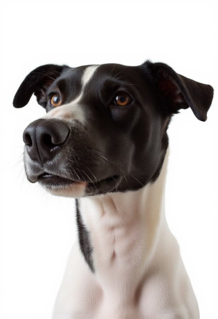 DogPortraitHQ, 4k, realistic, smooth hair, black and white patchy fur, curious look, white background