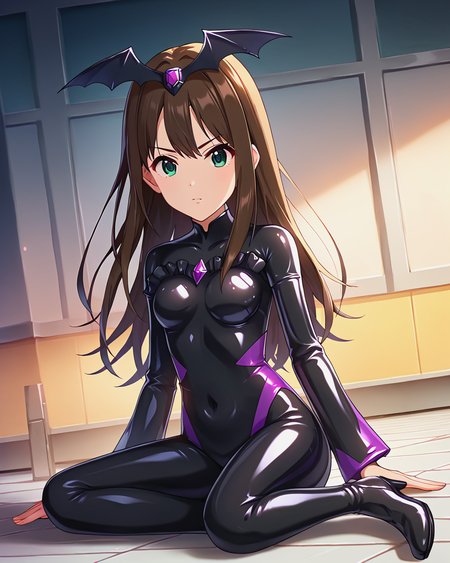 score_9, score_8_up, score_7_up, source_anime, BREAK 1girl, solo, full body, <lora:ShibuyaRin_pony_v1:0.8> sbyrn, long hair, brown hair,  bangs, green eyes, ,   <lora:bad-end-ot14-1701:0.8> black badend-bodysuit, badend-tiara, latex bodysuit