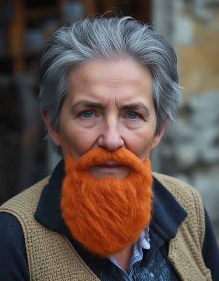 photo of old grey washer woman wearing a ginger fake beard, Fujifilm XT3