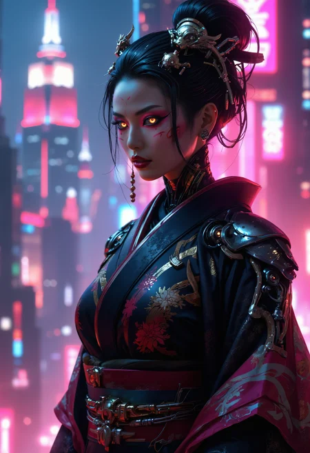highly detailed and hyper realistic, highly detailed and hyper realistic, a panoramic shot of an extremely alluring feminine cyberpunk geisha cyborg with highly detailed glowing eyes, elegant expression and pose, wearing a floating futuristic latex kimono, standing in front of a cyberpunk skyscraper, neon hues, atmospheric haze
<lora:xl_more_art-full_v1:0.5> <lora:add-detail-xl:1>
