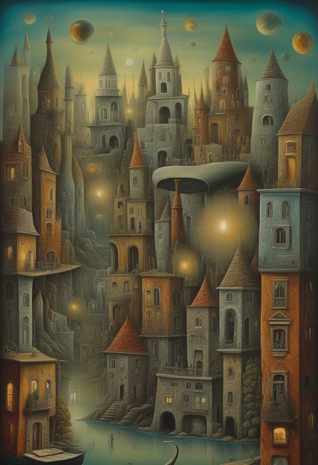 surrealist art city. dreamlike, mysterious, provocative, symbolic, intricate, detailed