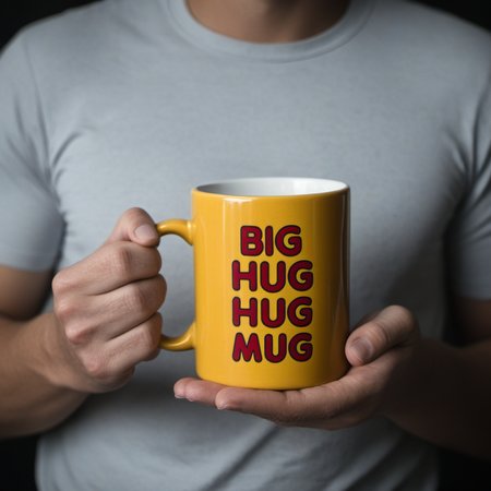 cinematic film still of cinematic film still of  <lora:add-detail-xl:1>0
<lora:detailed:0.3>
<lora:perfection style:0.3>
<lora:xl_more_art-full_v1:0.3>
<lora:Big Hug Mug:1>
1mug, A ((golden yellow)) colored mug with (red text) on it says (Big Hug Mug), a dude with a big hug mug,solo,t-shirt,black hair,1boy,holding,white shirt,upper body,grey hair,male focus,english text,cup,hands up,facial hair,parody,dark background, sharp, detailed, epic photography, artistic, dramatic light, cinematic style, film style, true detective style, mug style, shallow depth of field, vignette, highly detailed, high budget, bokeh, cinemascope, moody, epic, gorgeous, film grain, grainy, more background atmosphere, <lora:Dark:.5>