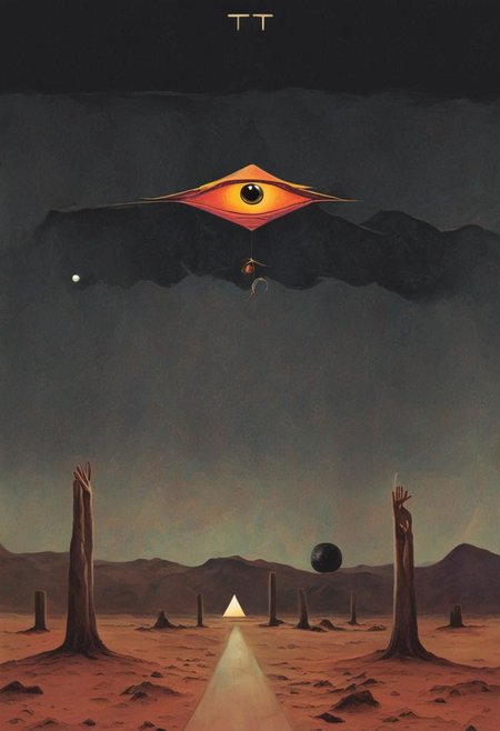 Tarot card design for the magician card with Robert Anton Wilson as the magician, in the desert with a pyramid in the background with an eye looking at the magician, mandala, golden Apple, UFO, dark vaporwave color palette, Perfect Hands, 3l3ctronics