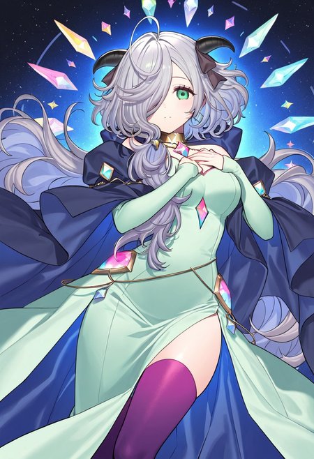 (score_9, score_8, score_7), masterwork, masterpiece, best quality, beautiful eyes, beautiful face, detailed eyes,detailed face, 1girl, eitr01, long silver hair, side-swept bangs, black curved horns,  
mint green dress, ivory outer layer, deep violet inner skirt, high slit dress,  
purple thigh-high stockings, navy blue and violet cape,  
shiny crystal decorations, glowing light blue and pink gems, golden choker with geometric ornament, dynamic angles