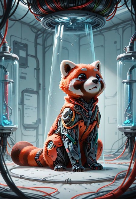 (masterpiece, best quality, high quality, highres), very awa, highres, absurdres, 
(chii-kun \(seedyoulater\):0.7), (naguru \(cyoroama\):0.6), 
(cyborg red panda:1.1), 
mad-cable,
(no humans:1.1), (cute:1.2), comfy, solo, cozy, 
laboratory, surprised,