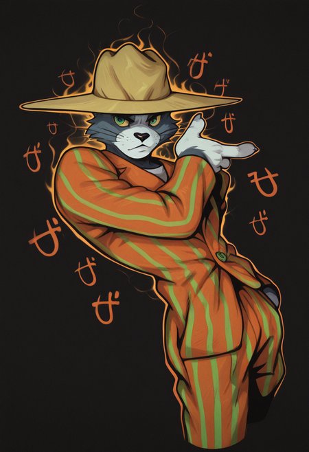 masterpiece, best quality, Graphic Design, color art, vibrant colors, colorful, intricate details, high contrast, detailed background, beautiful detailed, beautiful face, detailed eyes, detailed face, new, newest, z00tt0m, 1boy, solo, male focus, furry, cat, yellow sclera, green eyes, grey fur, whiskers, hat, formal, suit, striped jacket, striped pants, simple background, black background, cowboy shot, dutch angle, dynamic pose, jojo pose, orange aura, menacing,