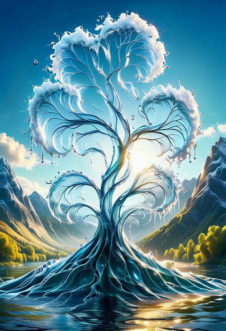 UHD, masterpiece, high quality, extremely details, intricate details, sharp focus, realistic, OverallDetailXL, sss
a tree made of ((water)) ,((ais-wvs)),  lake surrounded by mountains,sun sunlight, sunray ,SauronsTower,