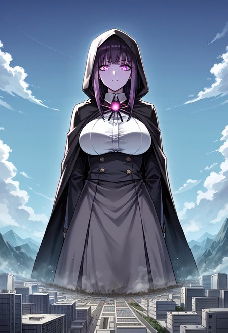 jvdaniang, giantess, (giga size: 1.4), source anime, 2d, large breasts, eyesHD, high gradient eyes, detailed eyes, high definition eyes, 1girls, women, A mysterious giantess with smoky, semi-transparent skin that shifts and ripples like living shadows. Her glowing violet eyes pierce through the darkness, and her hair billows like wisps of black mist. She wears a cloak of shadows that seems to fade into the surrounding twilight. The setting is a shadowy realm filled with swirling mists and faintly glowing runes etched into the ground, as she walks silently, her massive form barely making a sound.