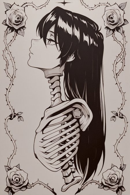 masterpiece, best quality, amazing quality,
 <lora:Alternate_ILV3:1> taxidermy, thorns, vines, long hair, solo, flower, monochrome, rose, plant, traditional media, profile, from side, 1girl, headcon, head only, backbone, spine, human bones, ribs, bound, skeleton, florar background