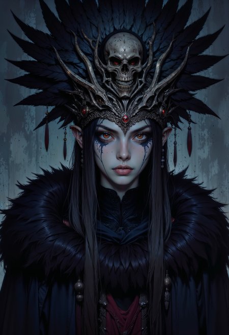 a digital painting in a dark, fantasy art style, depicting a mysterious woman with an otherworldly appearance. She has pale, almost luminescent skin and striking red eyes that glow with an eerie light. Her face is adorned with intricate tribal markings and she wears a large, ornate headdress made of black feathers and a skull, adding to her enigmatic aura. Her long, dark hair cascades down her shoulders, partially covered by a shawl made of dark feathers. The background is a gradient of dark blues and grays, creating a somber, mystical atmosphere. The woman's expression is serious and intense, suggesting a deep, possibly ominous, presence. The camera angle is slightly above eye level, focusing on her upper body and face, which are the focal points of the image.