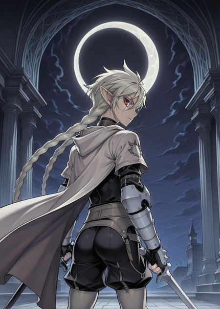 masterpiece, best quality, arms at sides, male focus, 1boy, male, gothic background, night, solo, (concept art:1.2), fighting stance, holding sword, ass, facing away, looking back, crescent moon, 
<lora:Koinzell:0.8>, Koinz0l, red eyes, platinum blonde hair, scar across eye, pointy ears, twin braid, platinum blonde eyelashes, cape, hooded cloak,