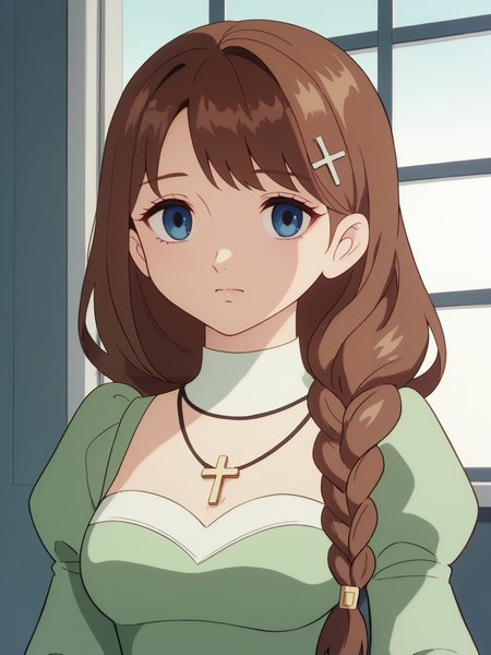 score_9, score_8_up, score_7_up, score_6_up, score_5_up, source_anime, smooth_anime,
solo, 1girl, jewelry, necklace, blue eyes, braid, upper body, brown hair, looking at viewer, breasts, hair ornament, long sleeves, closed mouth, puffy sleeves, dress, juliet sleeves, bangs, long hair, hairclip, medium breasts, window, sidelocks, cross necklace, single braid, green dress
 <lora:Astro_Boy_1980:1>