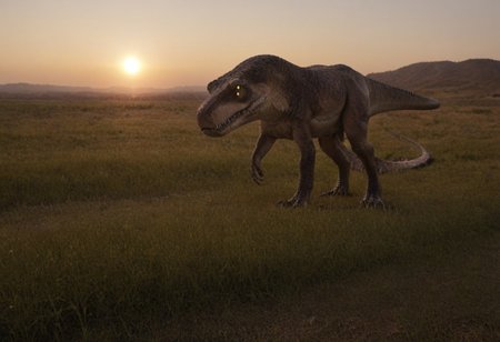 T-rex, realistic scales, detailed, irl, realistic image, photorealistic, bumpy skin, rough skin, tyrannosaurus, dinosaur, hyperrealistic, skin creases, wrinkles. Grass, dried out grass, walking, looking away from camera, realistic eyes, yellow eyes, walking, cracked ground, sunset, dead grass, desert, animal, walking, sharp teeth, sharp claws, 2 fingers, small arms, realism