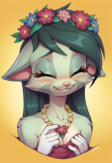 score_9, score_8_up, score_7_up, source_anime, BREAK 
lilith_calah, 1girl, furry female, furry, solo, tail, animal ears, 
blushing, bust, cute, eyes closed, floppy ears, floral head wreath, floral necklace, flower in hair, high-res, smiling, (((disembodied hand groping face)))