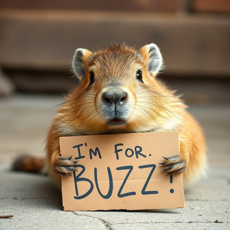 A cute capybara has a cardboard piece with a message asking for BUZZ