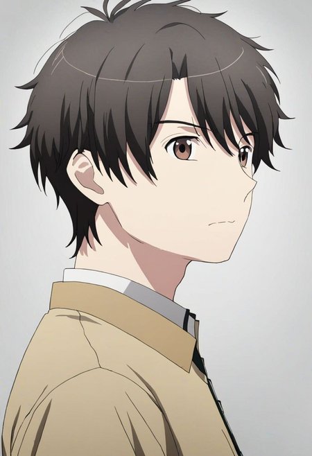 high resolution, solo, best quality, 1Boy, Inaho Kaizuka, Black Hair, Brown Eyes, potrait, dark shirt, looking at viewer, focused gaze forward, simple background, straight body, upper body, head upright, frustation, OverallDetail