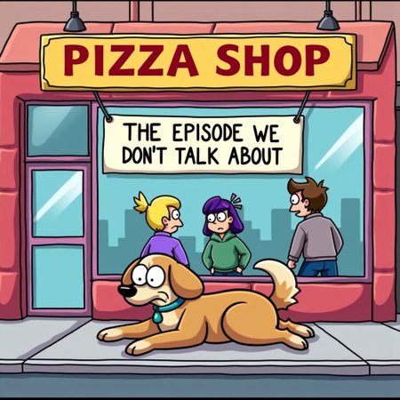 A cartoon still from a film in sonadrawzstuffyt style of an old tired dog laying by a pizza shop watching people walk past. The pizza shop sign above it just says in text "PIZZA SHOP". A banner out the front says in text "THE EPISODE WE DON'T TALK ABOUT".