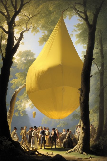 Joseph Wright Of Derby Style - Early Morning at Cold Spring (1850) by Asher Durand. Inflatable house made out of light yellow fabric. people hanging from the trees