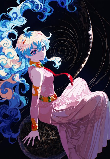 (dynamic pose, action), falling, sitting on nothing, from side, turning head, looking at viewer,
nia_teppelin, very long hair, flowing hair, very long dress, flowing dress, symbol-shaped pupils, two-tone hair, multicolored hair, v-shaped eyebrows, c:,
filled composition, detailed background,
yadu_nadu, patterned, ushiyama_ame, (dark, realistic),
masterpiece, absurdres, newest,
