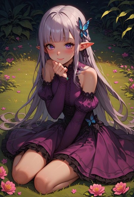 score_9, score_8_up, score_7_up, score_6_up, 
1girl, 25 years old, perfect face, cute, petite,
purple eyes, 
grey hair, long hair, butterfly hair ornament, hair ribbon, blunt bangs, 
pointy ears,
green gemstone, 
purple dress, bare shoulders, purple sleeves, 
lace dress, frilled dress,
wariza, sitting, on grass, flowers, 
blush, shy smile, 
green garden,