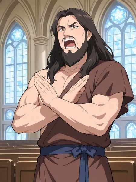 best quality,indoors,church,cowboy shot, BREAK 
1boy,male focus,angry,shouting,teeth,long hair, black hair, facial hair, beard, brown eyes,brown robe ,one shoulder,sleeveless,mole under eye,mature male,<lora:sonshi:0.7> sonshi, (x arms:1.1)