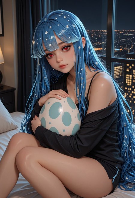 ultra-detailed,masterpiece, best quality, good quality, 8k,beautiful eyes, detailed eyes, detailed face, 
BREAK
hlbao, liquid hair, very long hair, bangs, blue hair, red eyes, pajamas,
BREAK
Curled up in bed hugging a large blue egg, incubation,
BREAK
Modern Bedroom, Large window showing a cityscape at night, dark theme, 
BREAK
artist:moriimee,  <lora:MoriiMee_Gothic_Niji_Style_Illustrious_r1:0.6>, <lora:PowerPuffMixLora:0.5>,
BREAK